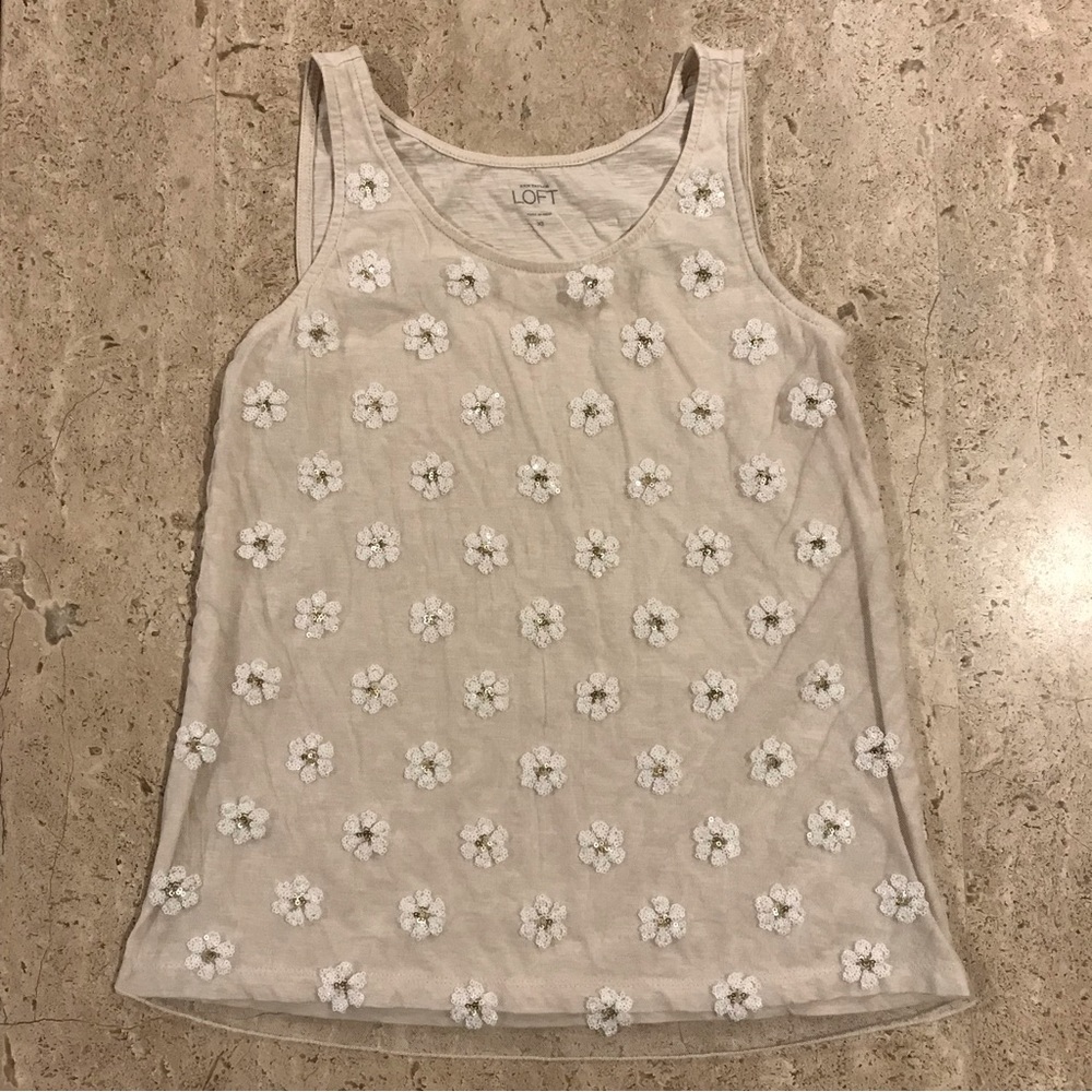 Ann Taylor Loft Off White Floral Sequined Sleeveless Top size XS